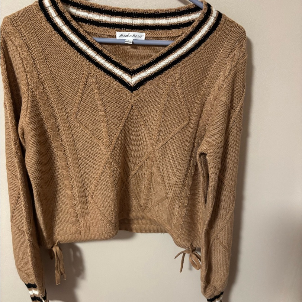 Derek Heart Tan V-Neck Sweater with Black and White Trim